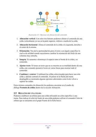Ilustración 15.- Opciones de alineación del contenido.

1. Alineación vertical: Con estos tres botones podemos alinear el contenido de una
celda verticalmente ya sea en la parte superior, inferior o media de la celda.
2. Alineación horizontal: Alinea el contenido de la celda a la izquierda, derecha o
al centro de la misma.
3. Orientación: Nos da la oportunidad de girar el texto a un ángulo específico lo
cual es de utilidad cuando necesitamos cambiar la orientación del título de una
columna muy estrecha.
4. Sangría: Se aumenta o disminuye el espacio entre el borde de la celda y su
contenido.
5. Ajustar texto: Si tienes un texto que no se muestra en su totalidad dentro de una
celda, este comando ajustará el texto en varias líneas para mostrar todo el
contenido.
6. Combinar y centrar: Combinará las celdas seleccionadas para hacer una sola
celda y además centrará el contenido. Al pulsar en la flecha del menú
desplegable se mostrarán algunas opciones adicionales como la de volver a
separar las celdas.
Estos mismos comandos de alineación los podemos encontrar en el cuadro de
diálogo Formato de celdas dentro de la sección Alineación.

2.5 RELLENO DE UNA CELDA
Podemos establecer un relleno para una celda utilizando un color específico o una
trama. Para indicar el color de fondo de una celda podemos utilizar el comando Color de
relleno que se encuentra en el grupo Fuente de la ficha Inicio.

 