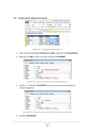 2.2 AGREGAR EL FORMATO PARA 0.

.
Ilustración 7.- Agregando formato para 0.

1. Abra el cuadro de diálogo Formato de celdas y haga clic en Personalizada.
2. Haga clic en Tipo y mueva el cursor al final de “$#.##0,00”.

Ilustración 8.- Selección de formato personalizado para 0.

3. Escriba “;” al final de “$#.##0,00” para crear una nueva sección para los
números negativos.

Ilustración 9.- Creando una nueva sección par los números negativos.

4. Escriba “($#.##0,00)”.

 