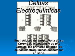 Ilustraciones del propio Volta de su  Corona de elementos  y su  pila voltaica , las primeras baterías  de celdas electroquímicas conectadas en serie. Celdas Electroquímicas 