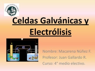 Celdas Galvánicas y
    Electrólisis
       Nombre: Macarena Núñez F.
       Profesor: Juan Gallardo R.
       Curso: 4° medio electivo.
 