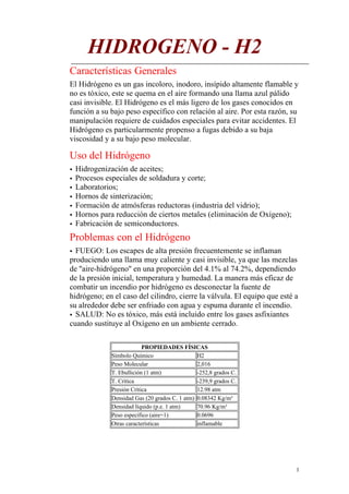 1
HIDROGENO - H2
Características Generales
El Hidrógeno es un gas incoloro, inodoro, insípido altamente flamable y
no es tóxico, este se quema en el aire formando una llama azul pálido
casi invisible. El Hidrógeno es el más ligero de los gases conocidos en
función a su bajo peso específico con relación al aire. Por esta razón, su
manipulación requiere de cuidados especiales para evitar accidentes. El
Hidrógeno es particularmente propenso a fugas debido a su baja
viscosidad y a su bajo peso molecular.
Uso del Hidrógeno
• Hidrogenización de aceites;
• Procesos especiales de soldadura y corte;
• Laboratorios;
• Hornos de sinterización;
• Formación de atmósferas reductoras (industria del vidrio);
• Hornos para reducción de ciertos metales (eliminación de Oxígeno);
• Fabricación de semiconductores.
Problemas con el Hidrógeno
• FUEGO: Los escapes de alta presión frecuentemente se inflaman
produciendo una llama muy caliente y casi invisible, ya que las mezclas
de ''aire-hidrógeno'' en una proporción del 4.1% al 74.2%, dependiendo
de la presión inicial, temperatura y humedad. La manera más eficaz de
combatir un incendio por hidrógeno es desconectar la fuente de
hidrógeno; en el caso del cilindro, cierre la válvula. El equipo que esté a
su alrededor debe ser enfriado con agua y espuma durante el incendio.
• SALUD: No es tóxico, más está incluido entre los gases asfixiantes
cuando sustituye al Oxígeno en un ambiente cerrado.
PROPIEDADES FÍSICAS
Símbolo Químico H2
Peso Molecular 2,016
T. Ebullición (1 atm) -252,8 grados C.
T. Crítica -239,9 grados C.
Presión Crítica 12.98 atm
Densidad Gas (20 grados C. 1 atm) 0.08342 Kg/m³
Densidad líquido (p.e. 1 atm) 70.96 Kg/m³
Peso específico (aire=1) 0.0696
Otras características inflamable
 