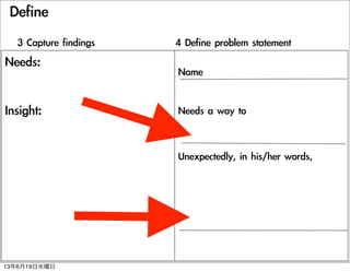 Define
Needs:
Insight:
Name
Needs	 a	 way	 to	 
Unexpectedly,	 in	 his/her	 words,
3	 Capture	 findings 4	 Define	 problem	 statement
13619ˮ
 