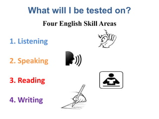 What will I be tested on?
Four English Skill Areas
1. Listening
2. Speaking
3. Reading
4. Writing
 