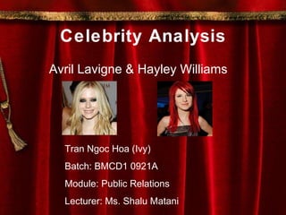 Celebrity Analysis Avril Lavigne & Hayley Williams Tran Ngoc Hoa (Ivy) Batch: BMCD1 0921A Module: Public Relations Lecturer: Ms. Shalu Matani 