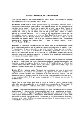 MADRE ADMIRABLE, DÉJAME IMITARTE

En el nombre del Padre, del Hijo y del Espíritu Santo, amen. Como era en un principio
ahora y siempre por los siglos de los siglos, amen.

Del libro de Judith: Todo el pueblo quedó fuera de sí y, postrándose, adoraron a Dios y
exclamaron unánimemente: “Bendito eres, Dios nuestro, porque hoy has aniquilado a los
enemigos de tu pueblo”. Ozías, por su parte, dijo a Judit: “Que el Dios Altísimo te
bendiga, hija mía, más que a todas las mujeres de la tierra; y bendito sea el Señor Dios,
creador del cielo y de la tierra, que te ha guiado para cortar la cabeza
del jefe de nuestros enemigos.     Nunca olvidarán los hombres la confianza que has
demostrado y siempre recordarán el poder de Dios. Que Dios te exalte para siempre,
favoreciéndote con sus bienes. Porque no vacilaste en exponer tu vida, al ver la
humillación de nuestro pueblo, sino que has conjurado nuestra ruina, procediendo
resueltamente delante de nuestro Dios”. Y todo el pueblo añadió: “¡Amén!
¡Amén!”. Palabra de Dios.

Reflexión: Te saludamos, María Madre de Dios, tesoro digno de ser venerado por todo el
orbe, lugar propio de Aquel que no puede ser contenido en lugar alguno, Madre y Virgen.
Te saludamos a ti que encerraste en su seno virginal a Aquel que es Inmenso e
inabarcable; a ti, por quien la Santa trinidad es adorada y glorificada; por quien la cruz
preciosa es celebrada y adorada en todo el orbe; por quien exulta el cielo; por quien los
creyentes obtienen la gracia del bautismo y el bálsamo de la alegría; por quien todos los
hombres son llamados a la conversión.

¿Y qué más diré? ¿Quién habrá que sea capaz de cantar como es debido las alabanzas
de María? ... Quiera Dios que todos nosotros reverenciemos y adoremos la Unidad, que
rindamos un culto impregnado de santo temor a la Trinidad indivisa, al celebrar con
nuestras alabanzas a María siempre Virgen, y a su Hijo y esposo inmaculado, porque a Él
pertenece la gloria por los siglos de los siglos. Amén.

Oración (Todos repiten): Madre Admirable, que muestras a tus hijos el camino del
progreso interior, ayúdanos a vivir ese silencio que permite oír a Dios; enséñanos esa
pequeñez que excluye toda vana pretensión, que sabe ser dócil y servicial. Túe que
respondiste siempre al menor deseo de Dios, danos el imitarte en esa prontitud del amor y
en ese entusiasmo lleno de fe que tuviste para cumplir con Su palabra, aun en medio de
las dificultades.

Canto: Dios te salve, Maria; llena eres de gracia; el Señor es contigo; bendita tú eres
entre todas las mujeres y bendito es el fruto de tu vientre, Jesús. Santa María, Madre de
Dios, ruega por nosotros pecadores, ahora y en la hora de nuestra muerte. Amén.

La Salve: Dios te salve, reina y madre de misericordia, vida, dulzura y esperanza nuestra;
Dios te salve. A ti llamamos los desterrados hijos de Eva; a ti suspiramos, gimiendo y
llorando en este valle de lágrimas. Ea, pues, Señora, abogada nuestra, vuelve a nosotros
esos tus ojos misericordiosos; y después de este destierro muéstranos a Jesús, fruto
bendito de tu vientre. ¡Oh clementísima, oh piadosa, oh dulce Virgen María! Ruega por
nosotros, santa madre de Dios, para que seamos dignos de alcanzarlas promesas de
nuestro Señor Jesucristo. Amen
 
