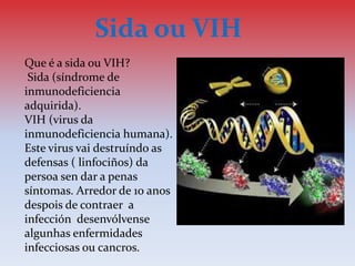 Sida ou VIH
Que é a sida ou VIH?
Sida (síndrome de
inmunodeficiencia
adquirida).
VIH (virus da
inmunodeficiencia humana).
Este virus vai destruíndo as
defensas ( linfociños) da
persoa sen dar a penas
síntomas. Arredor de 10 anos
despois de contraer a
infección desenvólvense
algunhas enfermidades
infecciosas ou cancros.
 