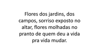 Flores dos jardins, dos
campos, sorriso exposto no
altar, flores molhadas no
pranto de quem deu a vida
pra vida mudar.
 
