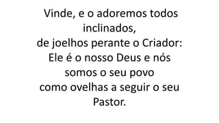 Vinde, e o adoremos todos
inclinados,
de joelhos perante o Criador:
Ele é o nosso Deus e nós
somos o seu povo
como ovelhas a seguir o seu
Pastor.
 