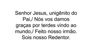 Senhor Jesus, unigênito do
Pai,/ Nós vos damos
graças por terdes vindo ao
mundo,/ Feito nosso irmão.
Sois nosso Redentor.
 