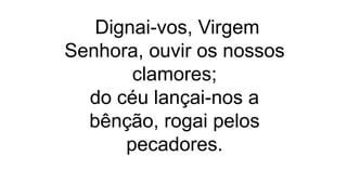 Dignai-vos, Virgem
Senhora, ouvir os nossos
clamores;
do céu lançai-nos a
bênção, rogai pelos
pecadores.
 