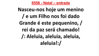 0556 - Natal – entrada
Nasceu-nos hoje um menino
/ e um Filho nos foi dado
Grande é este pequenino, /
rei da paz será chamado!
/: Aleluia, aleluia, aleluia,
aleluia!:/
 
