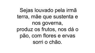 Sejas louvado pela irmã
terra, mãe que sustenta e
nos governa,
produz os frutos, nos dá o
pão, com flores e ervas
sorri o chão.
 