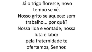 Já o trigo floresce, novo
tempo se vê.
Nosso grito se aquece: sem
trabalho... por quê?
Nossa lida e vontade, nossa
luta e labor
pela fraternidade te
ofertamos, Senhor.
 