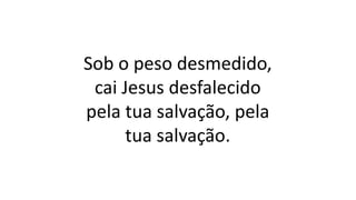 Sob o peso desmedido,
cai Jesus desfalecido
pela tua salvação, pela
tua salvação.
 