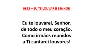 0852 – EU TE LOUVAREI SENHOR
Eu te louvarei, Senhor,
de todo o meu coração.
Como irmãos reunidos
a Ti cantarei louvores!
 