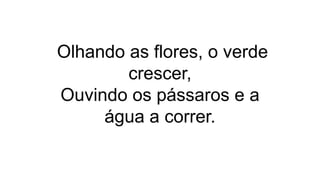 Olhando as flores, o verde
crescer,
Ouvindo os pássaros e a
água a correr.
 