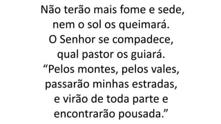 Não terão mais fome e sede,
nem o sol os queimará.
O Senhor se compadece,
qual pastor os guiará.
“Pelos montes, pelos vales,
passarão minhas estradas,
e virão de toda parte e
encontrarão pousada.”
 