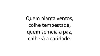 Quem planta ventos,
colhe tempestade,
quem semeia a paz,
colherá a caridade.
 