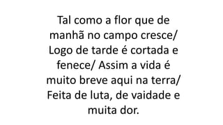 Tal como a flor que de
manhã no campo cresce/
Logo de tarde é cortada e
fenece/ Assim a vida é
muito breve aqui na terra/
Feita de luta, de vaidade e
muita dor.
 