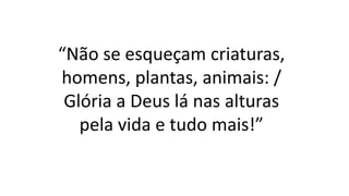 “Não se esqueçam criaturas,
homens, plantas, animais: /
Glória a Deus lá nas alturas
pela vida e tudo mais!”
 