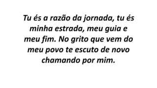 Tu és a razão da jornada, tu és
minha estrada, meu guia e
meu fim. No grito que vem do
meu povo te escuto de novo
chamando por mim.
 