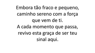 Embora tão fraco e pequeno,
caminho sereno com a força
que vem de ti.
A cada momento que passa,
revivo esta graça de ser teu
sinal aqui.
 