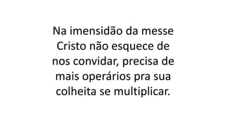 Na imensidão da messe
Cristo não esquece de
nos convidar, precisa de
mais operários pra sua
colheita se multiplicar.
 