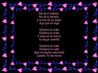 No sé si soñaba, No sé si dormía, y la voz de un ángel dijo que te diga ¡Celebra la vida! ¡Celebra la Vida! Y deja en la tierra tu mejor semilla ¡Celebra la vida! ¡Celebra la vida! Qué es mucho más bella cuando Tú me miras 