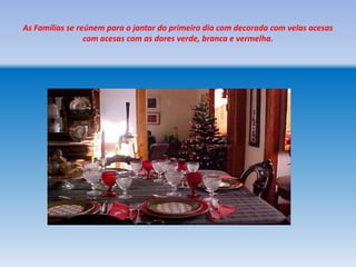 As Famílias se reúnem para o jantar do primeiro dia com decorada com velas acesas
                 com acesas com as dores verde, branca e vermelha.
 