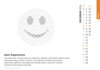 M
T
W
T
F
S

User experience involves a person's behaviors, a tudes, and emo ons about using a
par cular product, system or service. User experience includes the prac cal,
experien al, aﬀec ve, meaningful and valuable aspects of human‐computer
interac on and product ownership.
Techdew Ux Design & Consul ng Firm

M
T
W
T
F
S

1
2
3
4
5
6
7
8
9
10
11
12
13
14
15
16
17
18
19
20

DRIVE

DECEMBER 2014

M
T
W
T
F
S

21
22
23
24
25
26
27
28
29
30
31

 