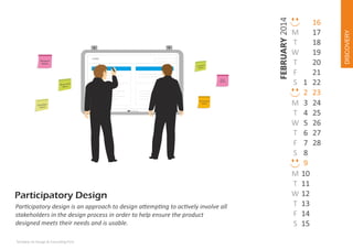 er
Custom
Notes

User
Notes

Researcher
Notes

Participant
Notes

Developer
Notes
Faber Castle

Par cipatory design is an approach to design a emp ng to ac vely involve all
stakeholders in the design process in order to help ensure the product
designed meets their needs and is usable.
Techdew Ux Design & Consul ng Firm

DISCOVERY

FEBRUARY 2014

LOGO

Designer
Notes

M
T
W
T
F
S 1
2
M 3
T 4
W 5
T 6
F 7
S 8
9
M 10
T 11
W 12
T 13
F 14
S 15

16
17
18
19
20
21
22
23
24
25
26
27
28

 