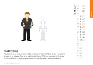 Techdew Ux Design & Consul ng Firm

DESIGN

MAY 2014
A prototype is an early sample, model or release of a product built to test a concept or
process or to act as a thing to be replicated or learned from. A prototype is designed
to test and trial a new design to enhance precision by system analysts and users.

M
T
W
T 1
F 2
S 3
4
M 5
T 6
W 7
T 8
F 9
S 10
11
M 12
T 13
W 14
T 15
F 16
S 17

18
19
20
21
22
23
24
25
26
27
28
29
30
31

 