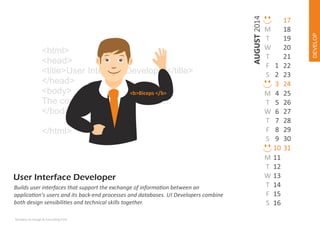 </html>

Builds user interfaces that support the exchange of informa on between an
applica on's users and its back‐end processes and databases. UI Developers combine
both design sensibili es and technical skills together.
Techdew Ux Design & Consul ng Firm

DEVELOP

AUGUST 2014

<html>
<head>
<title>User Interface Developer</title>
</head>
<body>
<b>Biceps </b>
The content of the document......
</body>

M
T
W
T
F 1
S 2
3
M 4
T 5
W 6
T 7
F 8
S 9
10
M 11
T 12
W 13
T 14
F 15
S 16

17
18
19
20
21
22
23
24
25
26
27
28
29
30
31

 