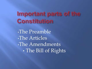•The Preamble
•The Articles
•The Amendments
  • The Bill of Rights
 