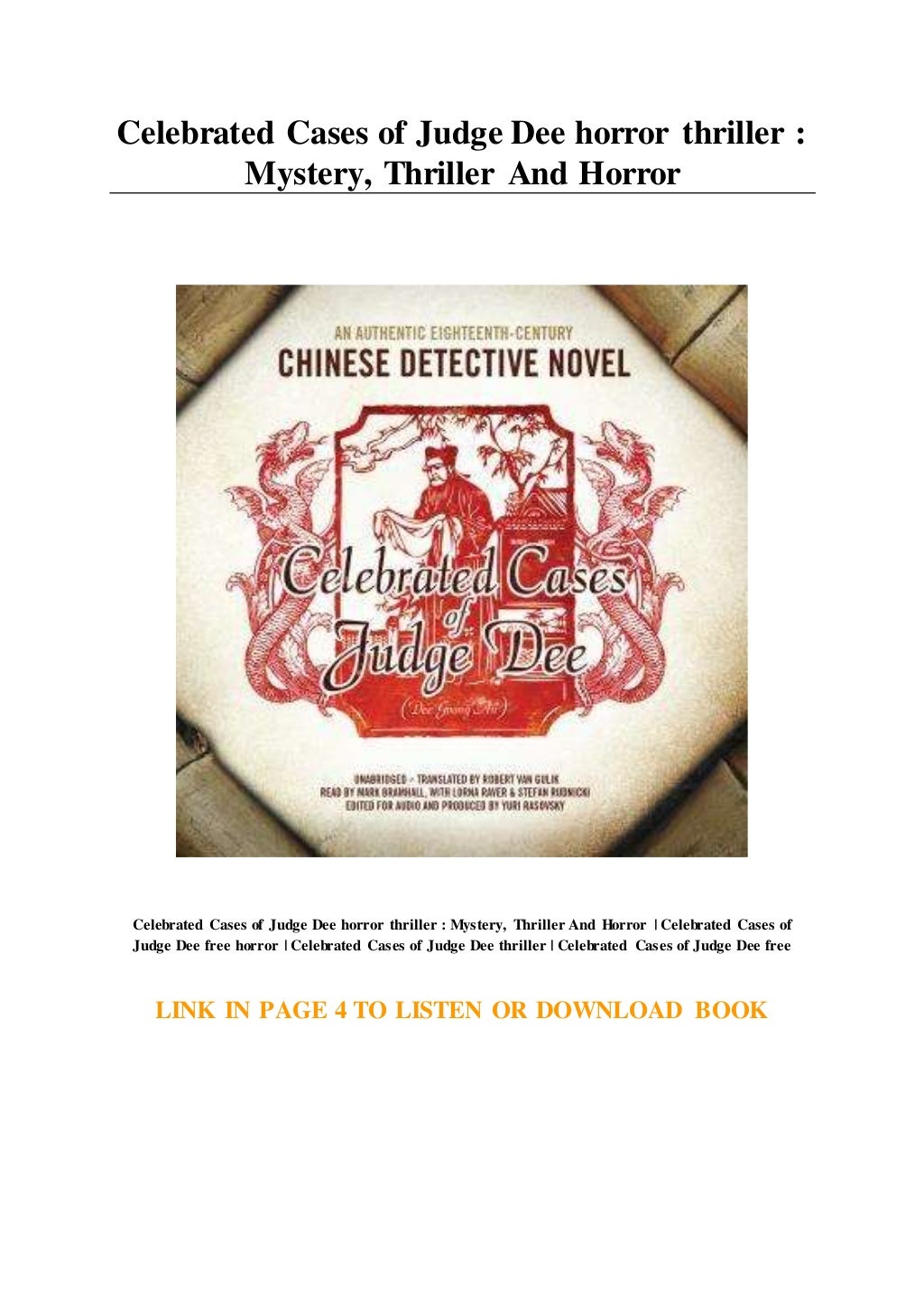 Celebrated Cases of Judge Dee horror thriller Mystery... Thriller And