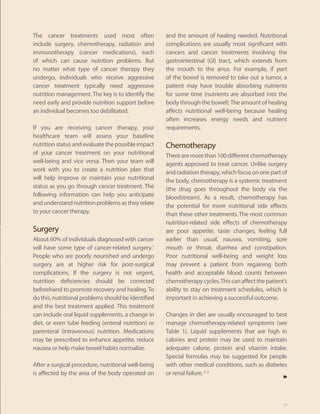 The cancer treatments used most often                and the amount of healing needed. Nutritional
include surgery, chemotherapy, radiation and         complications are usually most significant with
immunotherapy (cancer medications), each             cancers and cancer treatments involving the
of which can cause nutrition problems. But           gastrointestinal (GI) tract, which extends from
no matter what type of cancer therapy they           the mouth to the anus. For example, if part
undergo, individuals who receive aggressive          of the bowel is removed to take out a tumor, a
cancer treatment typically need aggressive           patient may have trouble absorbing nutrients
nutrition management. The key is to identify the     for some time (nutrients are absorbed into the
need early and provide nutrition support before      body through the bowel). The amount of healing
an individual becomes too debilitated.               affects nutritional well-being because healing
                                                     often increases energy needs and nutrient
If you are receiving cancer therapy, your            requirements.
healthcare team will assess your baseline
nutrition status and evaluate the possible impact    Chemotherapy
of your cancer treatment on your nutritional         There are more than 100 different chemotherapy
well-being and vice versa. Then your team will       agents approved to treat cancer. Unlike surgery
work with you to create a nutrition plan that        and radiation therapy, which focus on one part of
will help improve or maintain your nutritional       the body, chemotherapy is a systemic treatment
status as you go through cancer treatment. The       (the drug goes throughout the body via the
following information can help you anticipate        bloodstream). As a result, chemotherapy has
and understand nutrition problems as they relate     the potential for more nutritional side effects
to your cancer therapy.                              than these other treatments. The most common
                                                     nutrition-related side effects of chemotherapy
Surgery                                              are poor appetite, taste changes, feeling full
About 60% of individuals diagnosed with cancer       earlier than usual, nausea, vomiting, sore
will have some type of cancer-related surgery.1      mouth or throat, diarrhea and constipation.
People who are poorly nourished and undergo          Poor nutritional well-being and weight loss
surgery are at higher risk for post-surgical         may prevent a patient from regaining both
complications. If the surgery is not urgent,         health and acceptable blood counts between
nutrition deficiencies should be corrected           chemotherapy cycles. This can affect the patient’s
beforehand to promote recovery and healing. To       ability to stay on treatment schedules, which is
do this, nutritional problems should be identified   important in achieving a successful outcome.
and the best treatment applied. This treatment
can include oral liquid supplements, a change in     Changes in diet are usually encouraged to best
diet, or even tube feeding (enteral nutrition) or    manage chemotherapy-related symptoms (see
parenteral (intravenous) nutrition. Medications      Table 1). Liquid supplements that are high in
may be prescribed to enhance appetite, reduce        calories and protein may be used to maintain
nausea or help make bowel habits normalize.          adequate calorie, protein and vitamin intake.
                                                     Special formulas may be suggested for people
After a surgical procedure, nutritional well-being   with other medical conditions, such as diabetes
is affected by the area of the body operated on      or renal failure. 2, 3



                                                                                                     13
 
