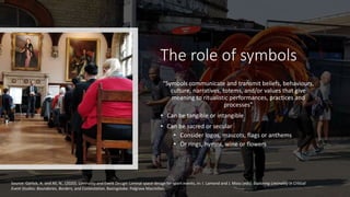 The role of symbols
“Symbols communicate and transmit beliefs, behaviours,
culture, narratives, totems, and/or values that give
meaning to ritualistic performances, practices and
processes”
• Can be tangible or intangible
• Can be sacred or secular
• Consider logos, mascots, flags or anthems
• Or rings, hymns, wine or flowers
Source: Garlick, A. and Ali, N., (2020). Liminality and Event Design: Liminal space design for sport events, in: I. Lamond and J. Moss (eds). Exploring Liminality in Critical
Event Studies: Boundaries, Borders, and Contestation, Basingstoke: Palgrave Macmillan.
 