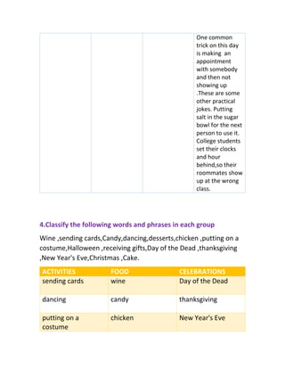 One common
trick on this day
is making an
appointment
with somebody
and then not
showing up
.These are some
other practical
jokes. Putting
salt in the sugar
bowl for the next
person to use it.
College students
set their clocks
and hour
behind,so their
roommates show
up at the wrong
class.
4.Classify the following words and phrases in each group
Wine ,sending cards,Candy,dancing,desserts,chicken ,putting on a
costume,Halloween ,receiving gifts,Day of the Dead ,thanksgiving
,New Year's Eve,Christmas ,Cake.
ACTIVITIES FOOD CELEBRATIONS
sending cards wine Day of the Dead
dancing candy thanksgiving
putting on a
costume
chicken New Year's Eve
 