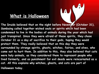 What is Halloween The Druids believed that on the night before November (October 31), Sambaing called together wicked souls or spirits which had been condemned to live in the bodies of animals during the year which had just transpired. Since they were afraid of these spirits, they chose October 31 as a day of sacrifice to their gods, hoping they would protect them. They really believed that on this day they were surrounded by strange spirits, ghosts, witches, fairies, and elves, who came out to hurt them. In addition to this, they also believed that cats were holy animals, as they considered them to represent people who lived formerly, and as punishment for evil deeds were reincarnated as a cat. All this explains why witches, ghosts, and cats are part of Halloween today.   