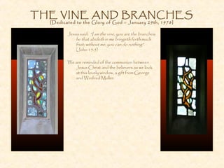 THE VINE AND BRANCHES
[Dedicated to the Glory of God – January 29th, 1978]
Jesus said: “I am the vine, you are the branches;
he that abideth in me bringeth forth much
fruit; without me, you can do nothing”.
(John 15:5)
We are reminded of the communion between
Jesus Christ and the believers as we look
at this lovely window, a gift from George
and Winifred Muller.
 