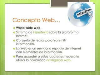 Concepto Web…






World Wide Web
Sistema de Hipertexto sobre la plataforma
Internet.
Conjunto de reglas para transmitir
información.
La Web es un servidor o espacio de internet
con elementos de información.
Para acceder a estos lugares es necesario
utilizar la aplicación navegador web

 