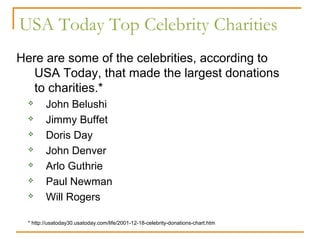 USA Today Top Celebrity Charities
Here are some of the celebrities, according to
   USA Today, that made the largest donat...