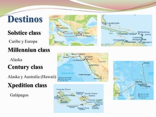 Destinos
Solstice class
Caribe y Europa

Millenniun class
 Alaska
Century class
Alaska y Australia (Hawaii)

Xpedition class
 Galápagos
 