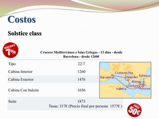 Costos
Solstice class

                    Crucero Mediterráneo e Islas Griegas - 13 días - desde
                                 Barcelona - desde 1260€

Tipo                                        22/7
Cabina Interior                             1260
Cabina Exterior                             1476

Cabina Con balcón                           1656

Suite                                     1873
                         Tasas: 317€ (Precio final por persona 1577€ )
 
