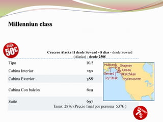 Millenniun class



                    Crucero Alaska II desde Seward - 8 días - desde Seward
                                    (Alaska) - desde 250€
Tipo                                        10/5
Cabina Interior                              250
Cabina Exterior                              388

Cabina Con balcón                           629

Suite                                      697
                       Tasas: 287€ (Precio final por persona 537€ )
 