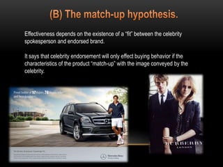 Effectiveness depends on the existence of a “fit” between the celebrity
spokesperson and endorsed brand.
It says that celebrity endorsement will only effect buying behavior if the
characteristics of the product “match-up” with the image conveyed by the
celebrity.
17 78
 
