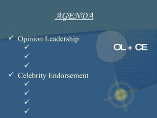 Opinion Leadership Celebrity Endorsement AGENDA   OL + CE 