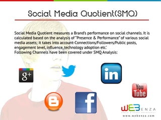 Social Media Quotient(SMQ)

Social Media Quotient measures a Brand’s performance on social channels. It is
calculated based on the analysis of “Presence & Performance” of various social
media assets; it takes into account-Connections/Followers/Public posts,
engagement level, influence, technology adoption etc.’
Following Channels have been covered under SMQ Analysis:




                                                              w w w.webenza.com
 