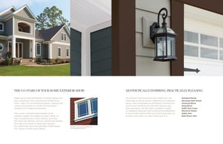 Our premium mounting blocks are crafted from the
same state-of-the-art cellular materials as our premium
siding. They’re engineered to effortlessly combine form
and function. Building pros love them because they
work seamlessly with the Celect installation system.
Our elegantly designed vents enhance the breathability
of your home’s exterior. Both our mounts and vents are
an exact color match to Celect Siding and Trim.
Details are an essential element of exterior design and
play a significant role in elevating the profile of any
home. Celect Trim and Moulding options—starting with
corners and window surrounds—are the perfect
example of this happy phenomenon.
They come in the same fade-resistant Kynar
Aquatec-coated color palette as Celect Siding. So
they complement each other perfectly and have
the same high aesthetic and low maintenance benefits.
Plus they arrive ready to install with a smooth
four-sided finish and a fully paintable, 100% cellular
PVC, factory-finished resin coating.
Standard Mount
Recessed Split Mount
Universal Block
Gang Block
Soffit Vent Cover
Electrical Mount
Gable Vent
Bath/Dryer Vent
AESTHETICALLY INSPIRING. PRACTICALLY PLEASING.THE CO-STARS OF YOUR HOME EXTERIOR SHOW.
Window surrounds complete the
curb-appealing picture.
 