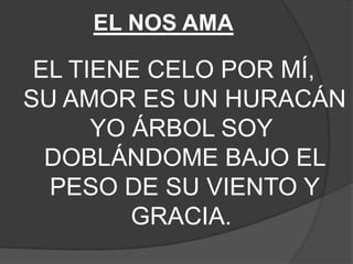 EL NOS AMA
EL TIENE CELO POR MÍ,
SU AMOR ES UN HURACÁN
YO ÁRBOL SOY
DOBLÁNDOME BAJO EL
PESO DE SU VIENTO Y
GRACIA.
 